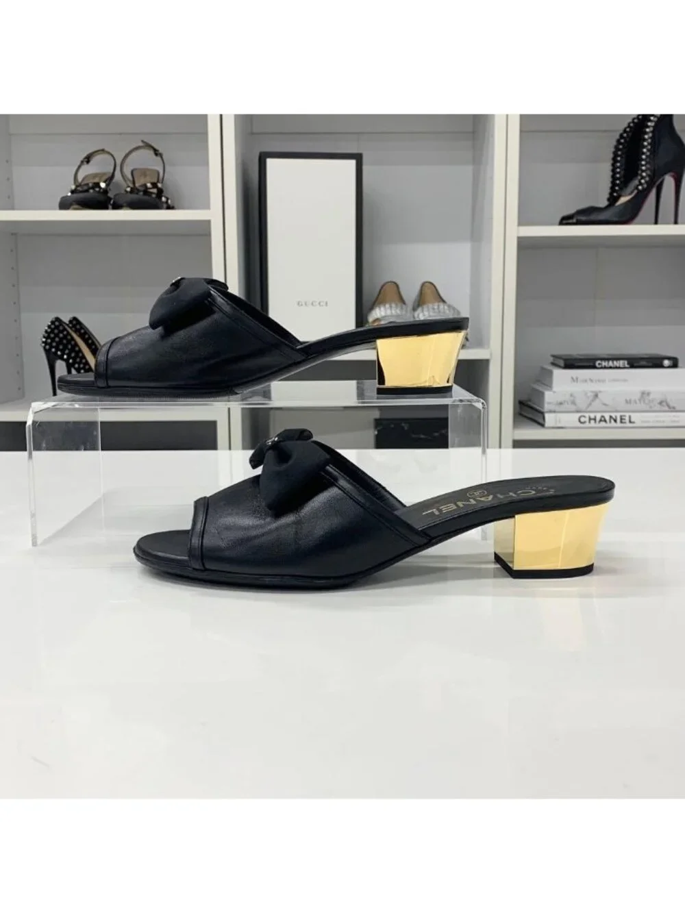 Chanel CC Logo Leather Ribbon Sandals Black